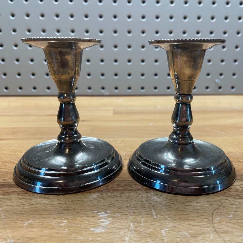 Two Short Silver Candlestick Holders
